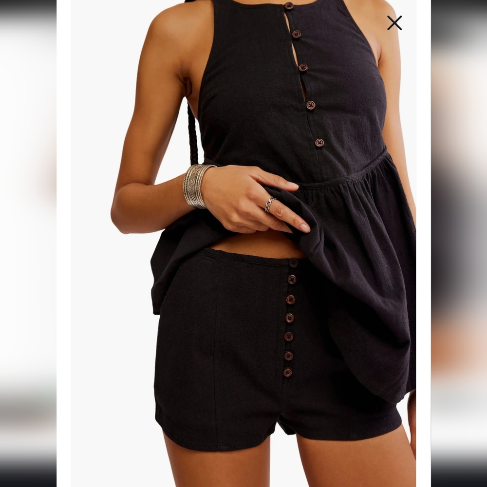 NWT Free People Tabea Babydoll Tank and Shorts Linen Blend Set Black Small
